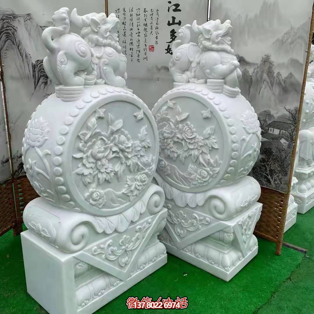 天然優質漢白玉浮雕麒麟抱鼓石，裝點你的庭院門口