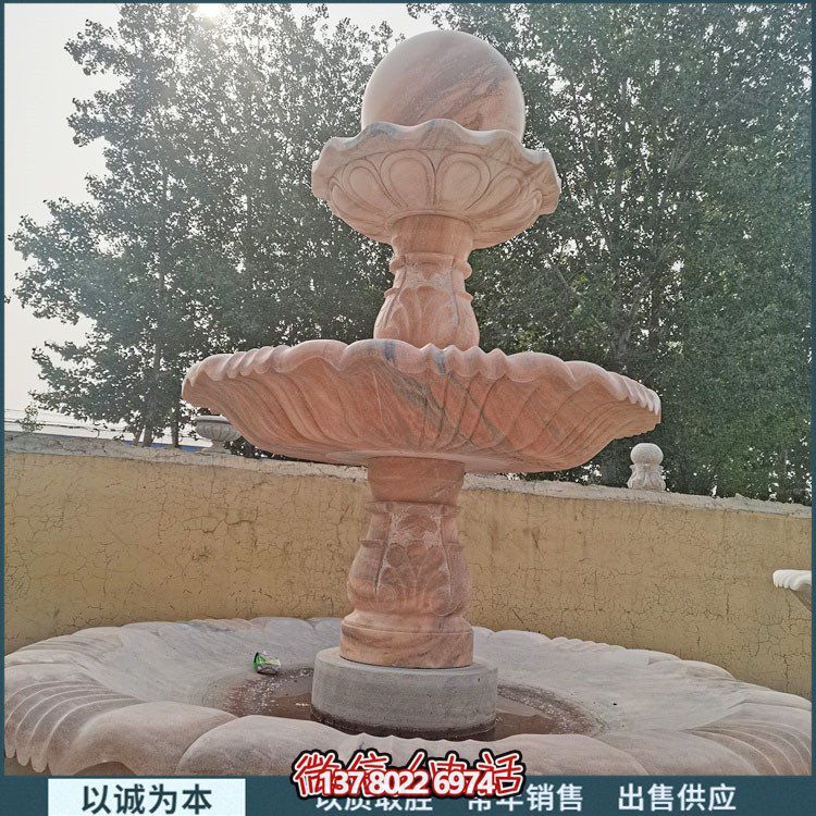 紅大理石石雕園林噴泉，展現絢爛晚霞