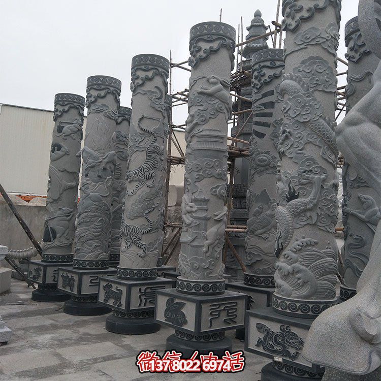精美石雕十二生肖浮雕，傳承文化，點綴廣場柱子
