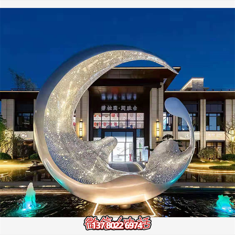 不銹鋼月亮水滴雕塑，透光水景裝飾雕塑