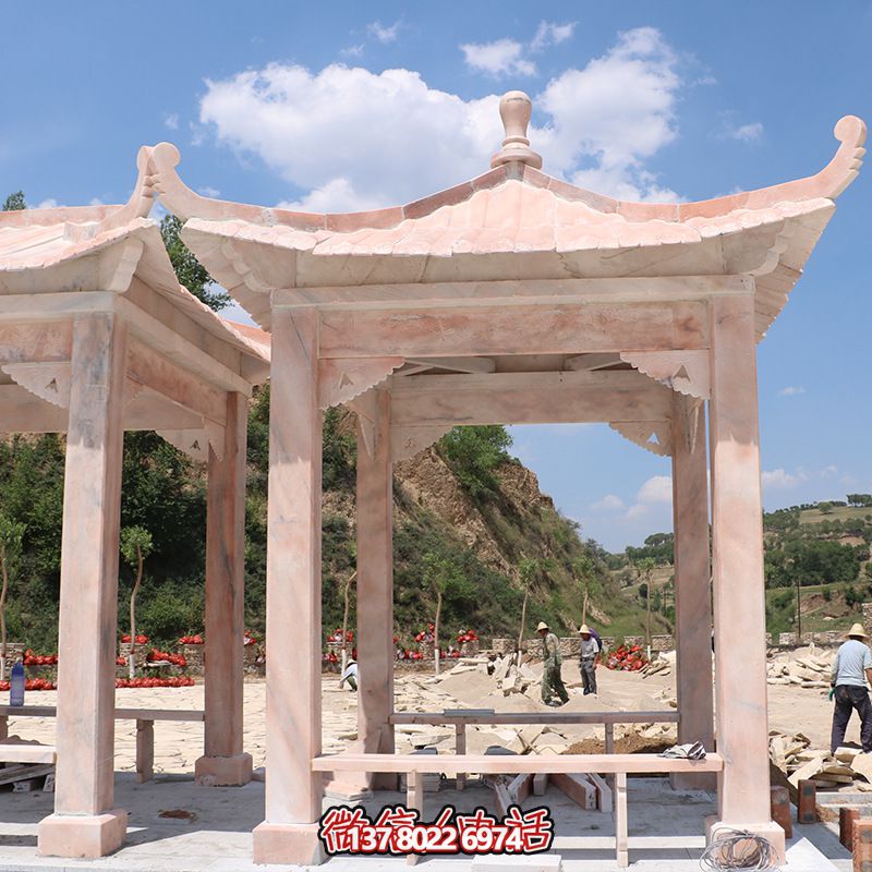 山區景觀擺放晚霞紅大理石四角休息涼亭 山區景觀擺放晚霞紅大理石四角休息涼亭
